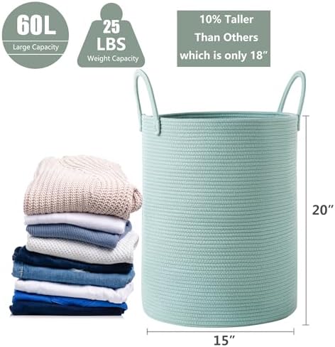 15Dx20H Inches Tall Green Cotton Rope Laundry Basket