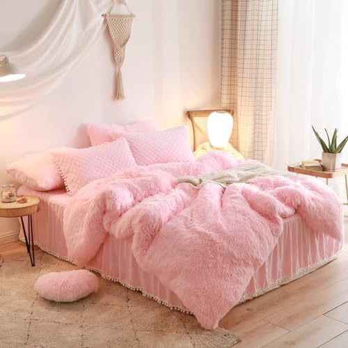 Fluffy Pink Duvet Cover Twin Set with Furry Pillow Cases