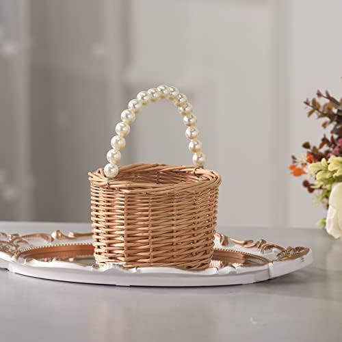 Wicker Rattan Flower Girl Basket with Pearl Handle