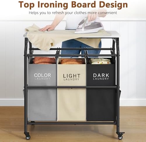 Hoctieon 3 Section Laundry Sorter Cart with Ironing Board