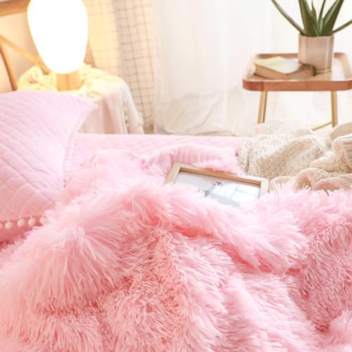 Fluffy Pink Duvet Cover Twin Set with Furry Pillow Cases