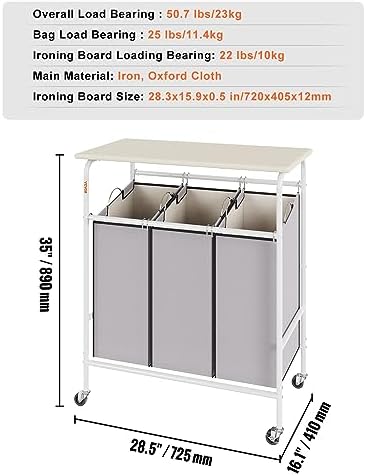 VEVOR 3-Section Laundry Sorter Cart with Ironing Board