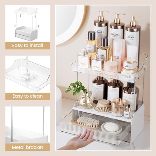 Delamu 2-Tier Makeup Organizer With 2 Drawers Clear