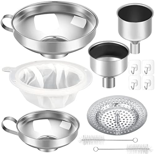 Gejoy 12 Pcs Metal Canning Funnels Set with Strainer and Adhesive Hooks