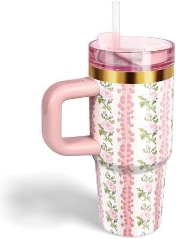 14 oz Toddler Tumbler with Handle and Straw Pink Flower