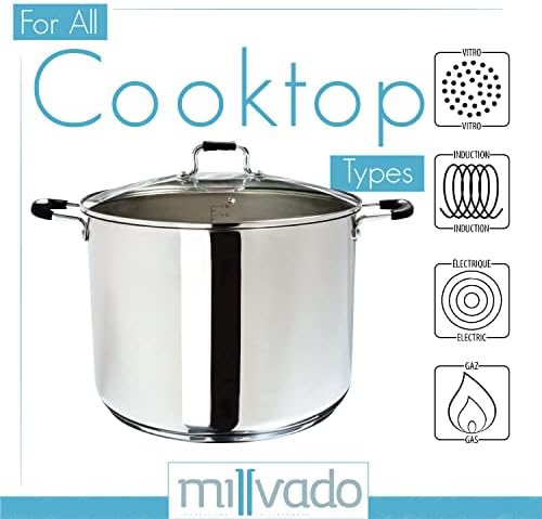 Millvado 20 Quart Stainless Steel Stock Pot with Clear Lid and Steam Hole