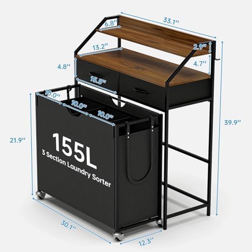2 Tier Laundry Sorter with 3 Sections and Wheels