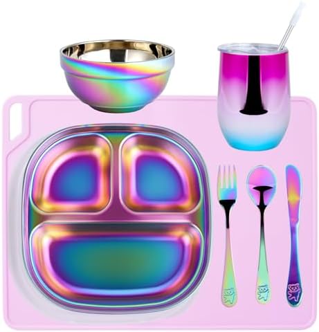 Stainless Steel Plates Set with Green Placemats