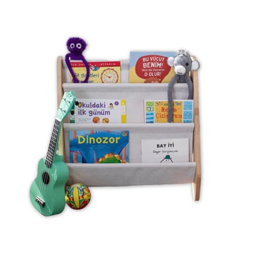 Montessori Bookshelf with Linen Fabric Hanger - 4 Tier Kids Storage Unit
