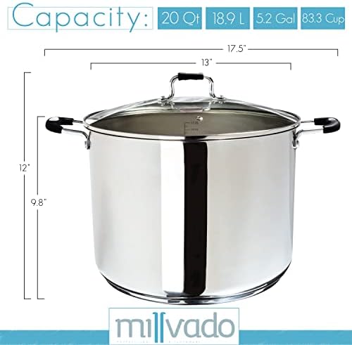 Millvado 20 Quart Stainless Steel Stock Pot with Clear Lid and Steam Hole