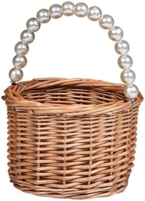 Wicker Rattan Flower Girl Basket with Pearl Handle