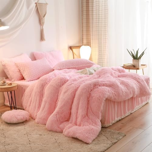 Fluffy Pink Duvet Cover Twin Set with Furry Pillow Cases
