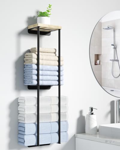 Anfeichen 2 Tier Towel Rack with Wood Shelf Black
