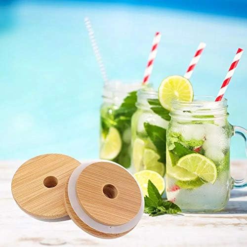 TOUSHI 4Pcs Bamboo Mason Jar Lids with Straw Hole Reusable Leak-Proof Caps