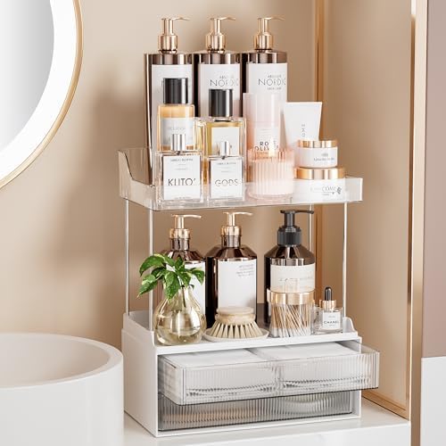 Delamu 2-Tier Makeup Organizer With 2 Drawers Clear