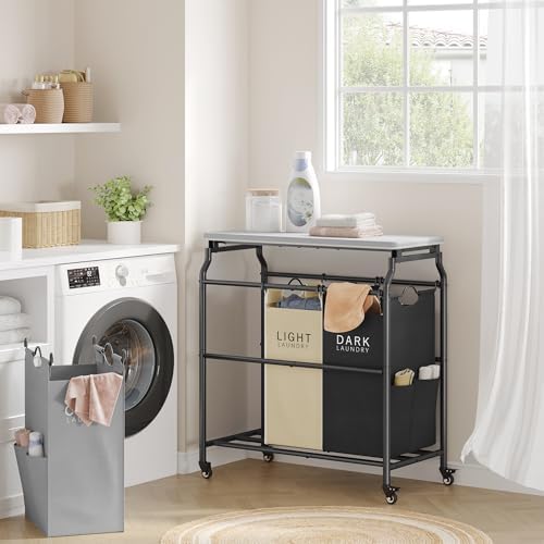 Hoctieon 3 Section Laundry Sorter Cart with Ironing Board