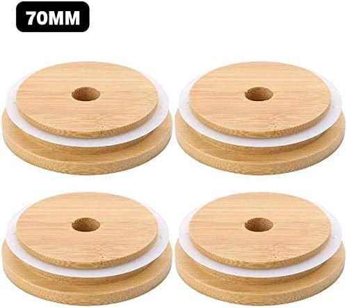 TOUSHI 4Pcs Bamboo Mason Jar Lids with Straw Hole Reusable Leak-Proof Caps
