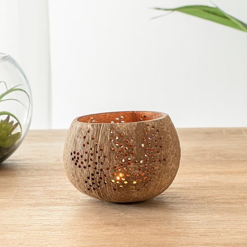 Restaurantware Coco Casa Coconut Shell Candle Holders Leaf Pattern Reusable 4x33 Inch