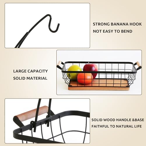 WILDMOS Rectangular Fruit Basket with Banana Hanger and Metal Wire Frame