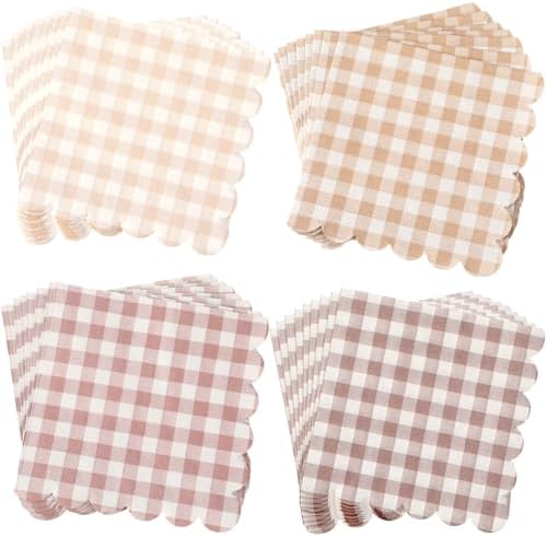 240 Pcs Scalloped Gingham Plaid Cocktail Napkins Khaki