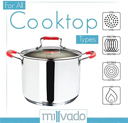 Millvado 11 Quart Stainless Steel Stock Pot with Glass Lid and Handle Safety