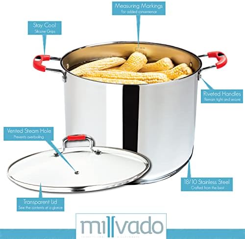 Millvado 11 Quart Stainless Steel Stock Pot with Glass Lid and Handle Safety