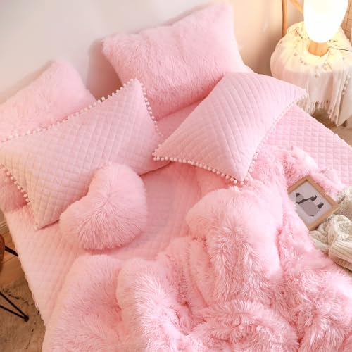 Fluffy Pink Duvet Cover Twin Set with Furry Pillow Cases