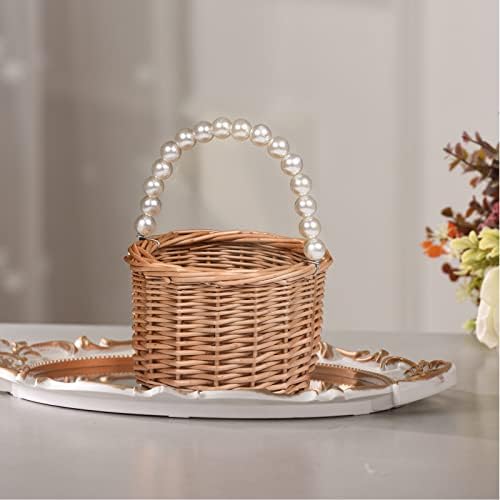 Wicker Rattan Flower Girl Basket with Pearl Handle
