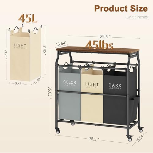 Hoctieon 3 Section Laundry Sorter Cart with Ironing Board