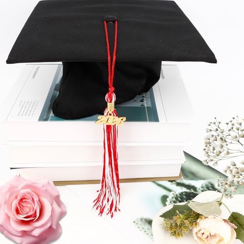 2026 Red White Graduation Tassel with Golden Charm