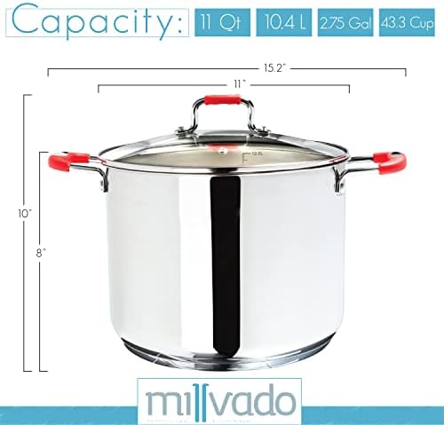 Millvado 11 Quart Stainless Steel Stock Pot with Glass Lid and Handle Safety