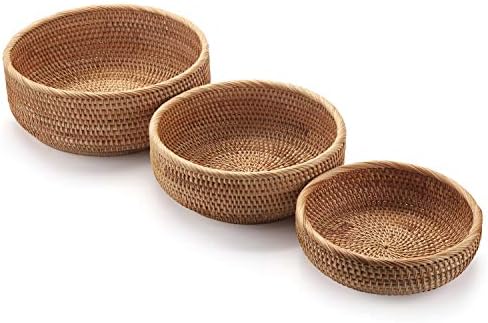DECRAFTS Round Rattan Fruit Baskets Stackable Set of 3