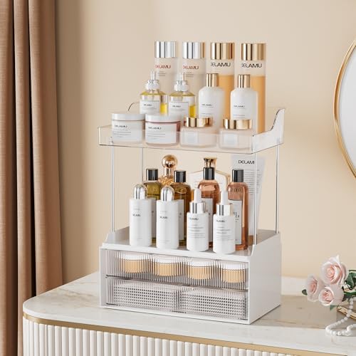 Delamu 2-Tier Makeup Organizer With 2 Drawers Clear