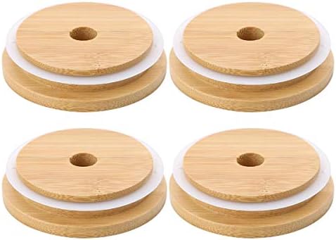 TOUSHI 4Pcs Bamboo Mason Jar Lids with Straw Hole Reusable Leak-Proof Caps