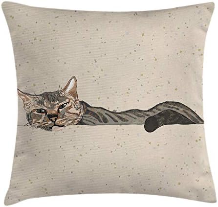 Ambesonne 16x16 Lazy Sleepy Cat Throw Pillow Cover in Grey Beige