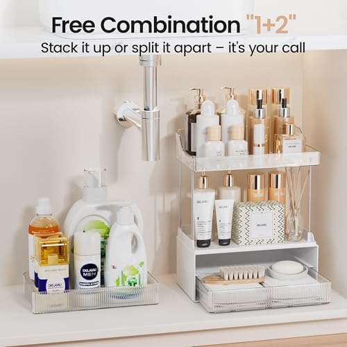 Delamu 2-Tier Makeup Organizer With 2 Drawers Clear