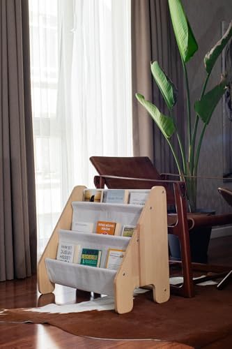 Montessori Bookshelf with Linen Fabric Hanger - 4 Tier Kids Storage Unit