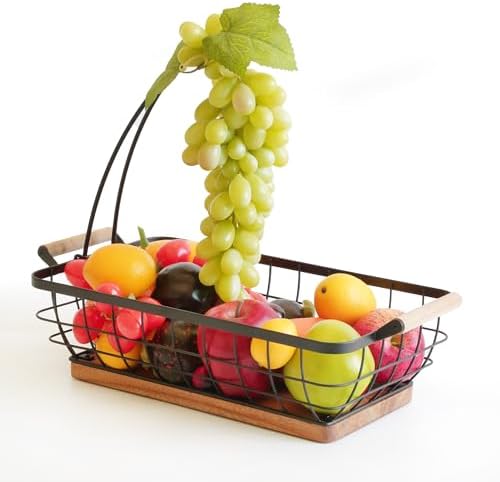 WILDMOS Rectangular Fruit Basket with Banana Hanger and Metal Wire Frame