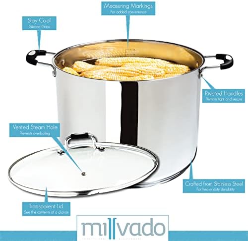 Millvado 20 Quart Stainless Steel Stock Pot with Clear Lid and Steam Hole