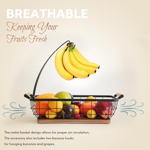 WILDMOS Rectangular Fruit Basket with Banana Hanger and Metal Wire Frame