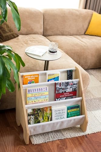 Montessori Bookshelf with Linen Fabric Hanger - 4 Tier Kids Storage Unit
