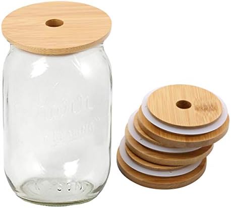 TOUSHI 4Pcs Bamboo Mason Jar Lids with Straw Hole Reusable Leak-Proof Caps