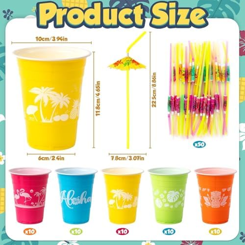 50 Hawaiian Luau Party Cups with Parasol Straws 16OZ