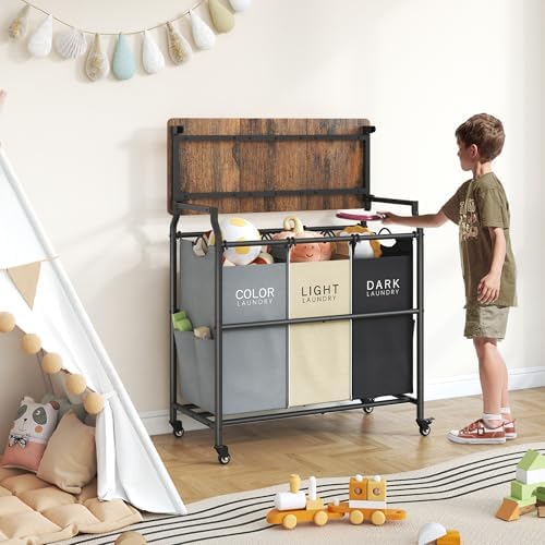Hoctieon 3 Section Laundry Sorter Cart with Ironing Board