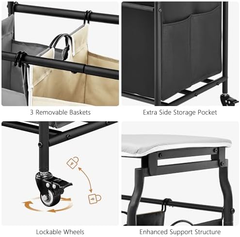 Hoctieon 3 Section Laundry Sorter Cart with Ironing Board