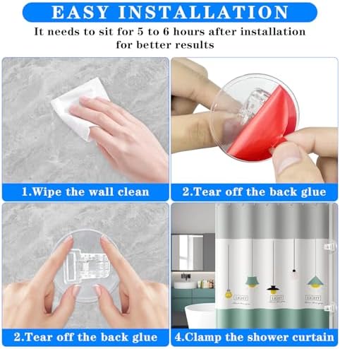 4 Pack Clear Shower Curtain Clips with Self Adhesive Windproof Splash Guard