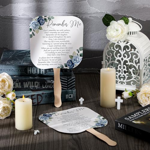 Teling 50 Pcs Blue Rose Memorial Fans with Wooden Handles