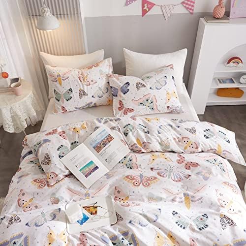 Ivellow Twin Duvet Cover Kids Butterfly White 3Pcs