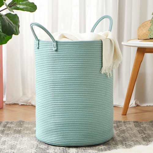 15Dx20H Inches Tall Green Cotton Rope Laundry Basket
