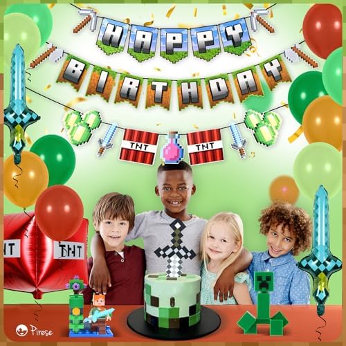 Pirese Pixel Birthday Banner with Foil Balloons and Sign